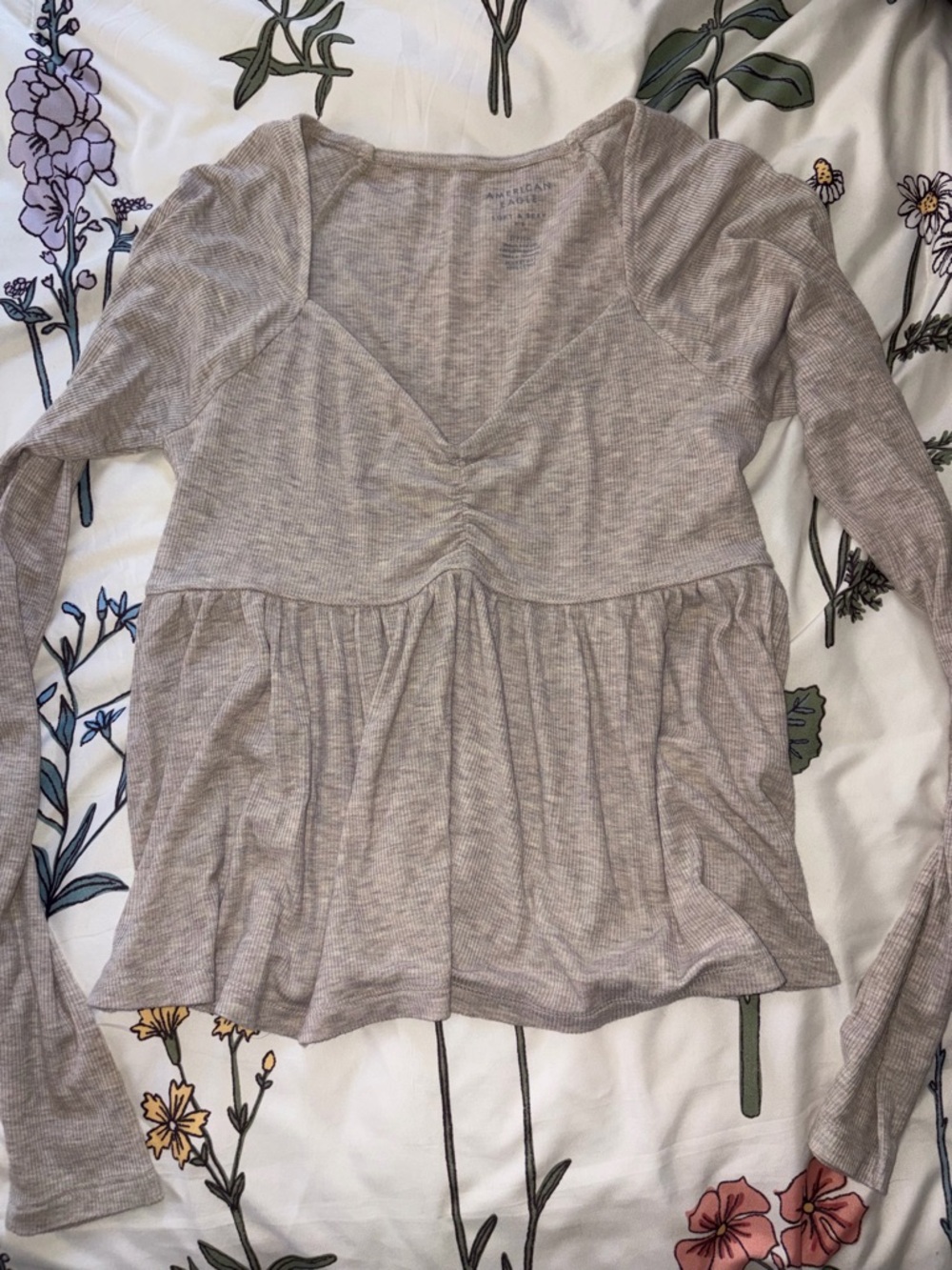 American Eagle Outfitters Ribbed Long-Sleeve Peplum Top - Light Taupe